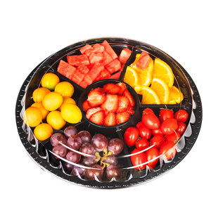 果乐多六分格黑色透明果切盒一次性圆形果盘大拼盘切片六拼水果盒