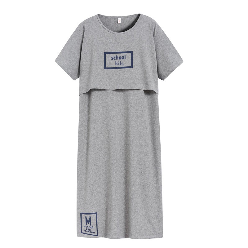 夏季短袖纯棉字母长款哺乳连衣裙