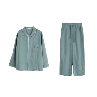 朵朵可可2026春季新款深海鱼棉麻睡衣男士翻领长袖开衫家居服套装