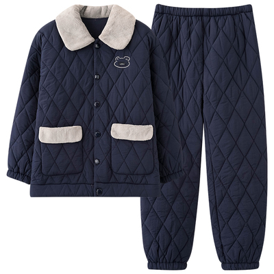 三层夹棉袄睡衣男款2025新款冬季加厚珊瑚绒羽绒服束口卡通家居服