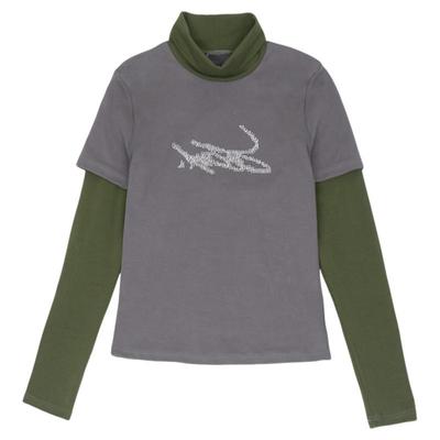 innomoood 水钻原创图案撞色高领T恤假两件长袖撞色合身内搭打底