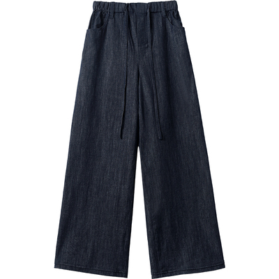 抽绳天丝亚麻原色阔腿牛仔裤女