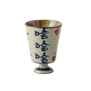 悠瓷复古手绘哈哈高脚杯粗陶青花马克杯陶瓷主人杯高颜值手握茶杯