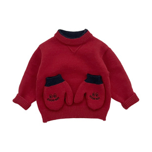 男宝宝冬季洋气加厚保暖毛衣男童拼接手套圆领针织衫婴儿百搭上衣