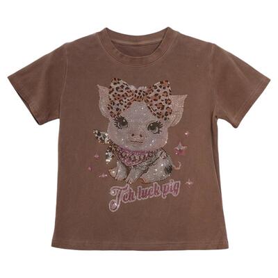 TCH甜酷辣妹风烫钻豹纹猪复古做旧修身圆领短袖T恤女T78A10E1046