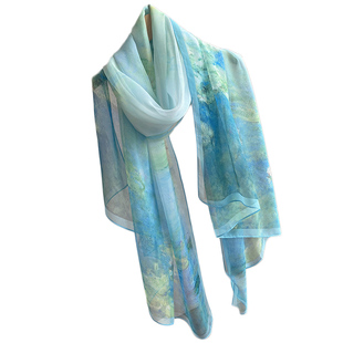 湖水蓝意境油画春秋长款丝巾2025新款乔其纱薄围巾女旅游防晒披肩