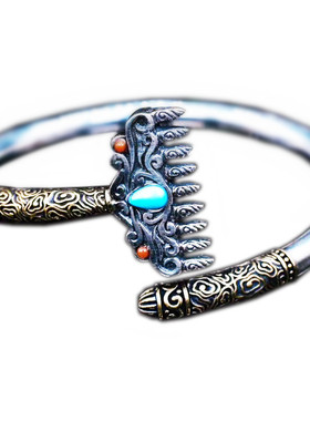 复古国风纯银九齿钉耙手镯