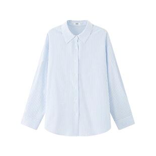 三福条纹衬衫女2026新款夏季简约翻领衬衣宽松长袖上衣女装519309