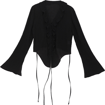 CR衬衫上衣女黑色带子设计感十足2026春夏秋新款荷叶边精致松弛风