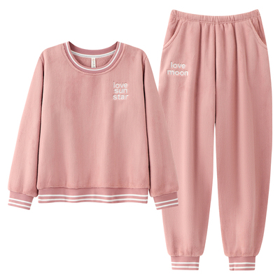 法兰绒睡衣女秋冬季加厚保暖长袖