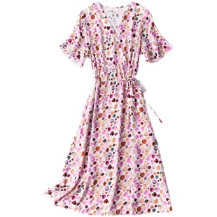 新款棉绸连衣裙女夏季中长款收腰显瘦时尚碎花大摆裙人造棉沙滩裙