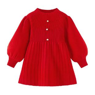 迷你巴拉巴拉长袖连衣裙女童婴儿喜庆新年亲肤泡泡袖甜美宝宝秋