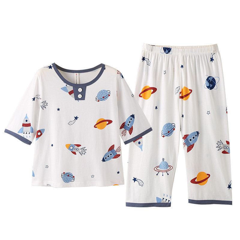 芬腾服饰儿童睡衣男童装夏天七分短袖宝宝空调服纯棉七分裤家居服