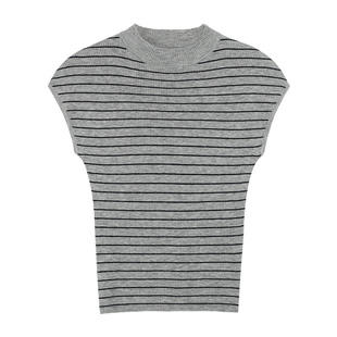 pusumede 半高领条纹短袖针织衫女夏新款气质修身显瘦短款T恤上衣