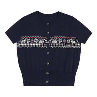 RAPPEYE 文艺复古撞色提花圆领短袖上衣费尔岛早秋薄款针织开衫女