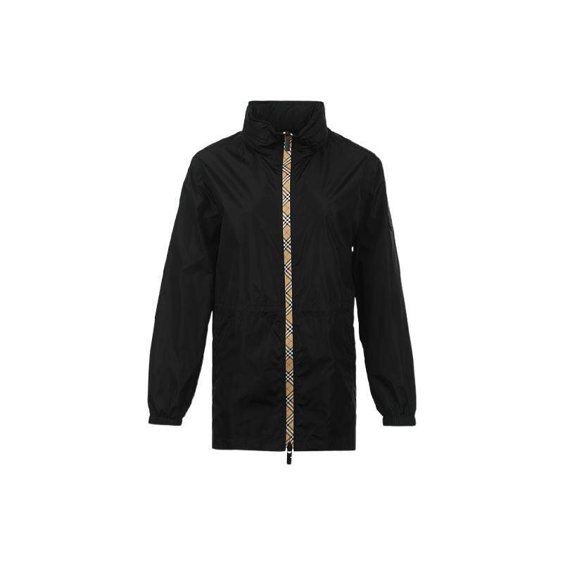 【自营】BURBERRY/博柏利女士兜帽格纹饰边休闲拉链尼龙夹克外套