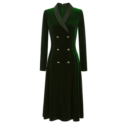 双排钻扣优雅复古丝绒连衣裙