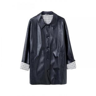 宝诗黎polo领中长款皮质外套女2026春季时尚百搭休闲洋气上衣潮