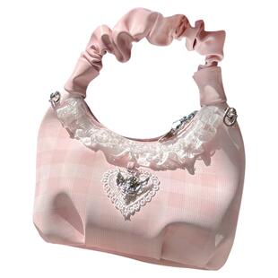 pinkyo原创爱心天使格纹手提小皮包日系甜美优雅公主风单肩斜挎包