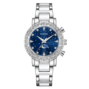 2025爆款圆形日月星辰镶钻女表高级感带日历钢带陶瓷腕表钢带手表