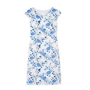 青花瓷改良旗袍v领短袖修身包臀开叉弹力棉贡缎连衣裙中长款大码