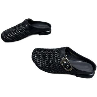 欧洲站女鞋2025春季新款欧货真皮皮带扣粗跟编织外穿拖鞋女包头拖