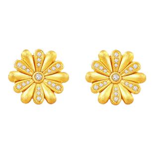 【新品】诗普琳 黄18K金镶嵌锆石小雏菊耳钉耳饰 送女友