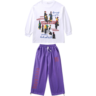 儿童街舞服男童嘻哈长袖纯棉卫衣hiphop演出服套装紫色休闲运动裤