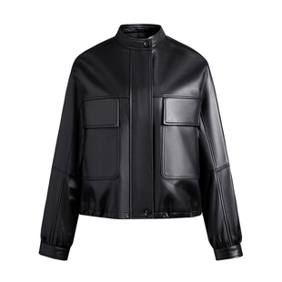 Navigare意大利小帆船黑色立领真皮皮衣女春季新款落肩羊皮外套