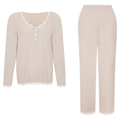 「LA」落日小姐*原创蕾丝莫代尔舒适柔软长袖裤睡衣V领家居服套装