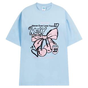 NELY小尼力字母蝴蝶结樱桃印花短袖t恤夏季学院风纯棉体恤潮男女