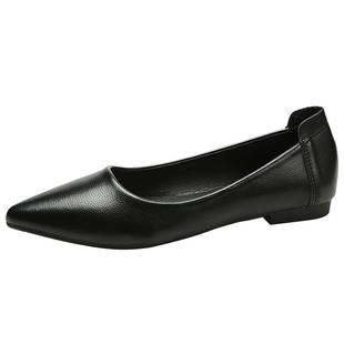 软底工作鞋女黑色尖头平底单鞋女秋职业中跟鞋2024新款粗跟软皮鞋