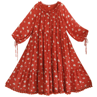 【花落成诗】夏季印花连衣裙女2025轻薄宽松拼接流苏文艺荷叶边裙