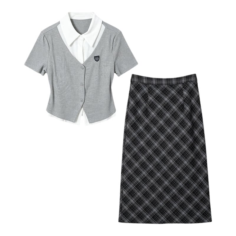 学院风制服套装女夏短袖衬衫格子半身裙两件套时尚套装D1628531