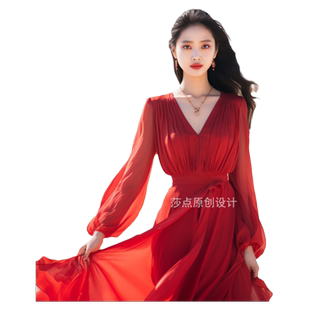 沙漠红裙拍照好看长款到脚踝裙子雪纺高级感大摆裙度假海边沙滩裙