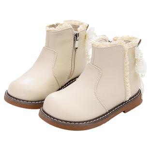 女童靴子加绒儿童公主靴皮靴2025秋冬新款女孩珍珠蝴蝶结韩版短靴