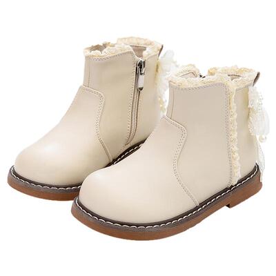 女童靴子加绒儿童公主靴皮靴2025秋冬新款女孩珍珠蝴蝶结韩版短靴
