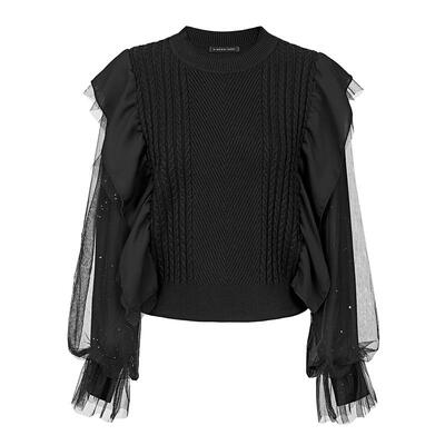 s.deer罗纹钩花网纱拼接针织衫