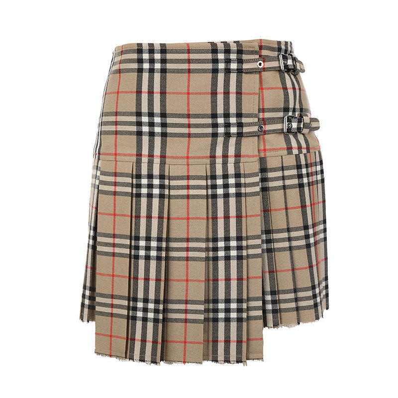 【自营】BURBERRY/博柏利女士绵羊毛不规则下摆时尚休闲格纹短裙