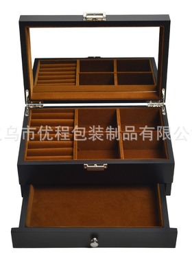 现货新品双层首饰盒黑色哑光首饰油漆盒带盒手表收纳盒珠宝镜子