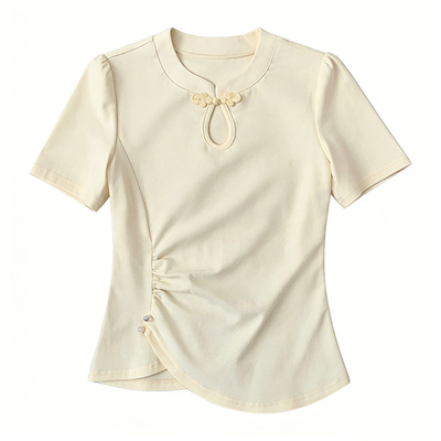 大码新中式国风纯色正肩泡泡袖