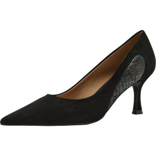 奥莱Nine West/玖熙绒面尖头高跟鞋女侧镂空蕾丝细跟浅口女鞋
