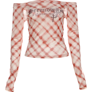 #Sisjuly#甜酷潮妹慕斯gal 字母印花设计格纹一字领微透长袖T恤女