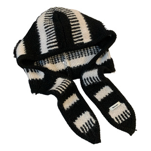 黑白条纹针织巴拉克拉法帽女秋冬帽子围巾一体加厚保暖防寒套头帽