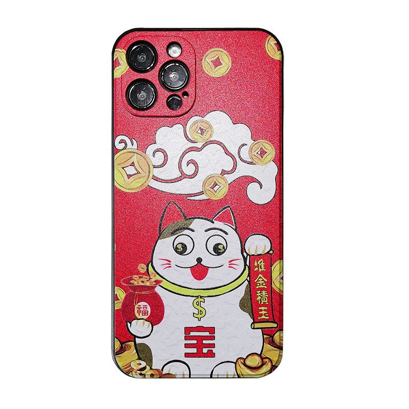 适用于Apple13promax苹果XR保护壳iPhone14中国风招财猫磨砂浮雕软壳华为P70pro