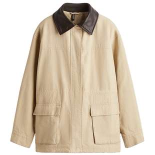 HM女装短外套冬季巴恩风拼接领外套工装收腰夹克1294316