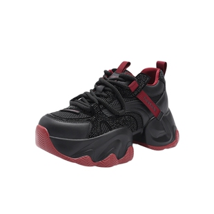 达芙妮黑色老爹鞋女2025新款秋季厚底增高透气网面水钻时尚休闲鞋