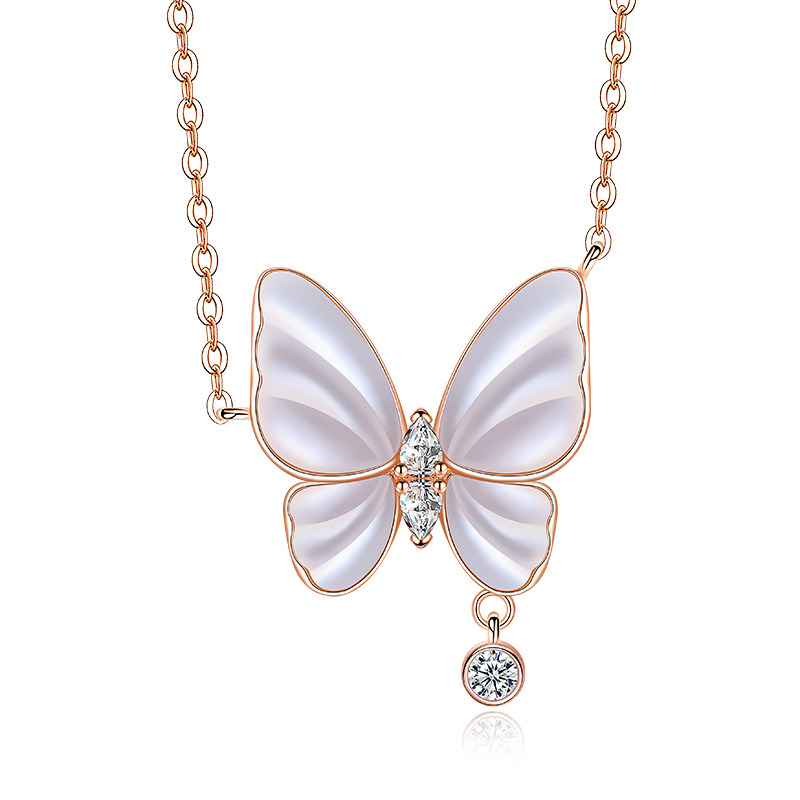 VIGG寻梦蝴蝶项链女纯银锁骨链轻奢小众高级感白贝母吊坠百搭配饰