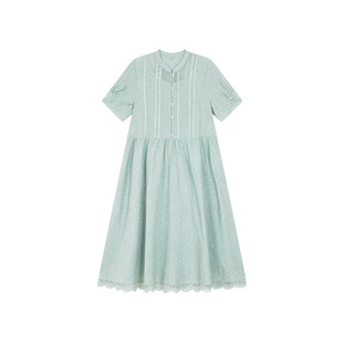 一城画一夏季气质拼接花边设计暗纹提花面料长款连衣裙