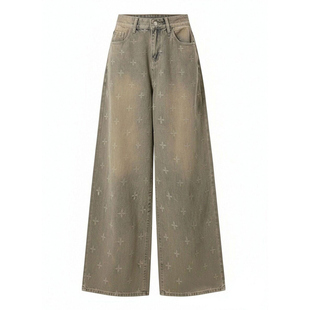 特大码女装胖mm美式个性ins刺绣牛仔裤女复古街头风显瘦阔腿裤子